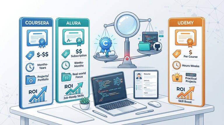 Comparativo de certificações em IA: Coursera, Alura e Udemy